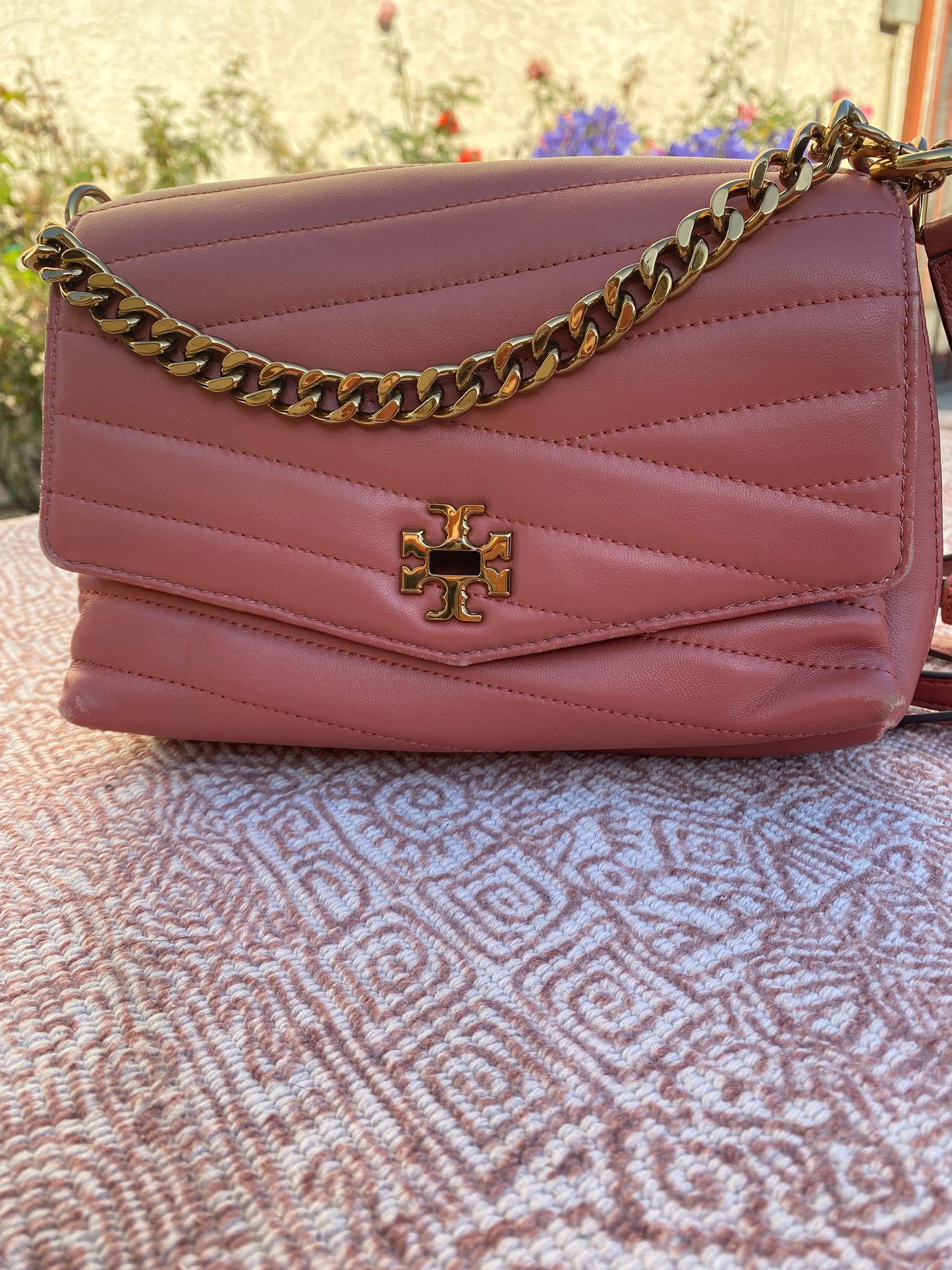 Tory Burch Leather Quilted Shoulder Bag Pink Turnlock